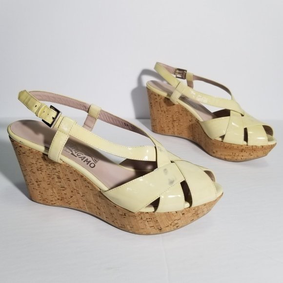 Salvatore Ferragamo Yellow Patent Leather Peep Toe Wedge Sandals - Picture 1 of 10